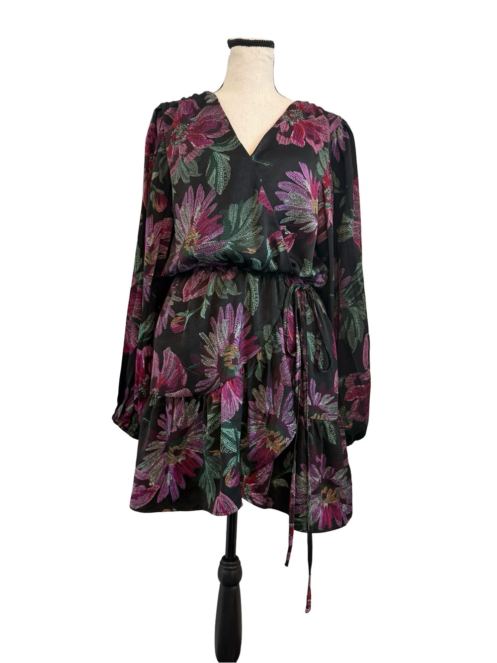 BTFL-LIFE Floral Faux Wrap Dress Medium Black Pink Long Sleeve Ruffle Hem Boho